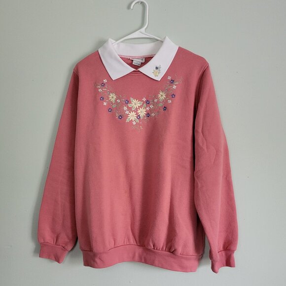 Bon Worth Pink Sweatshirt Women's Small Vintage 90s Floral Embroidery Sweater - Picture 1 of 7